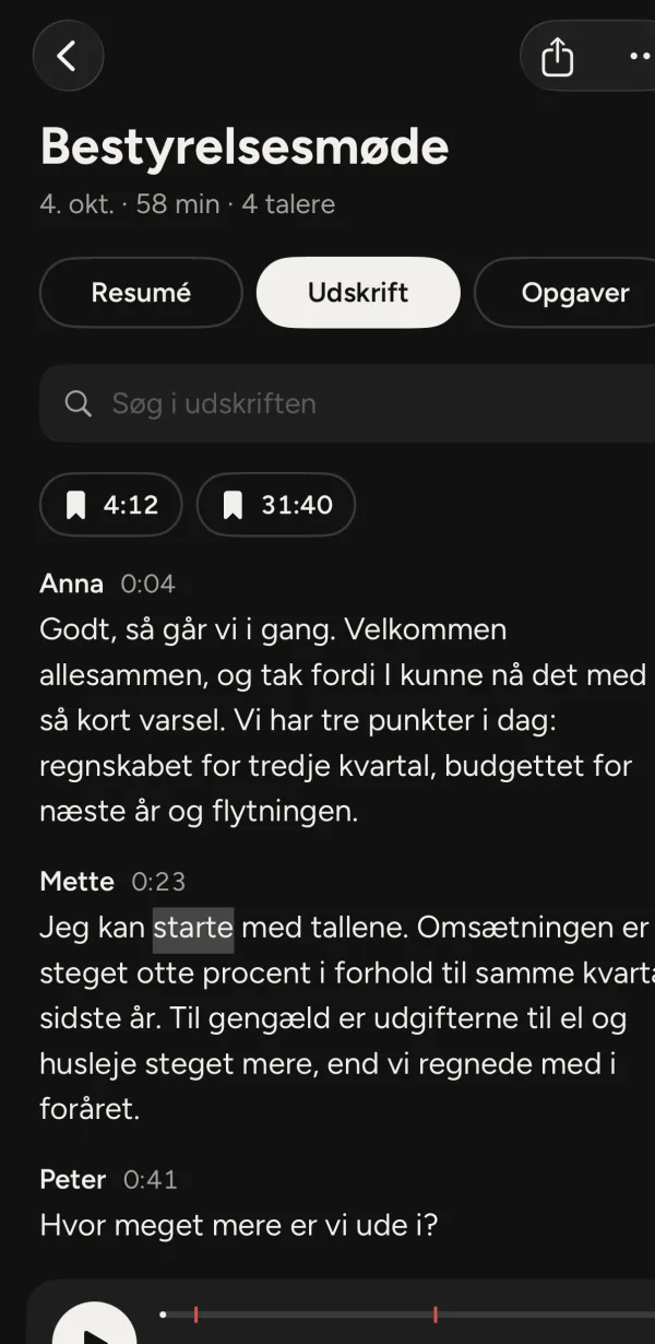 Udskriften af mødet med talernes navne