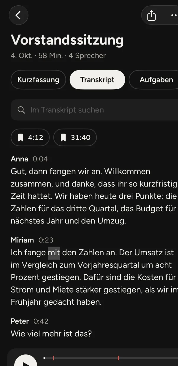 Das Transkript der Sitzung mit den Namen der Sprecher