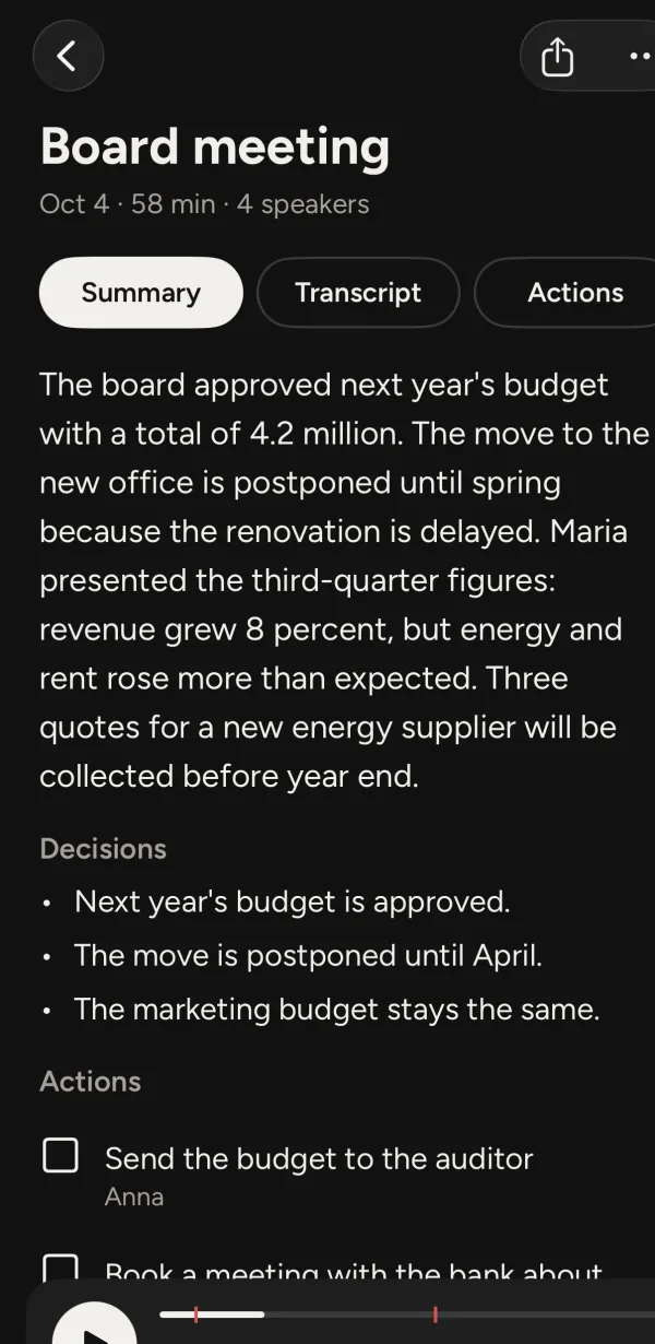 The summary of a board meeting