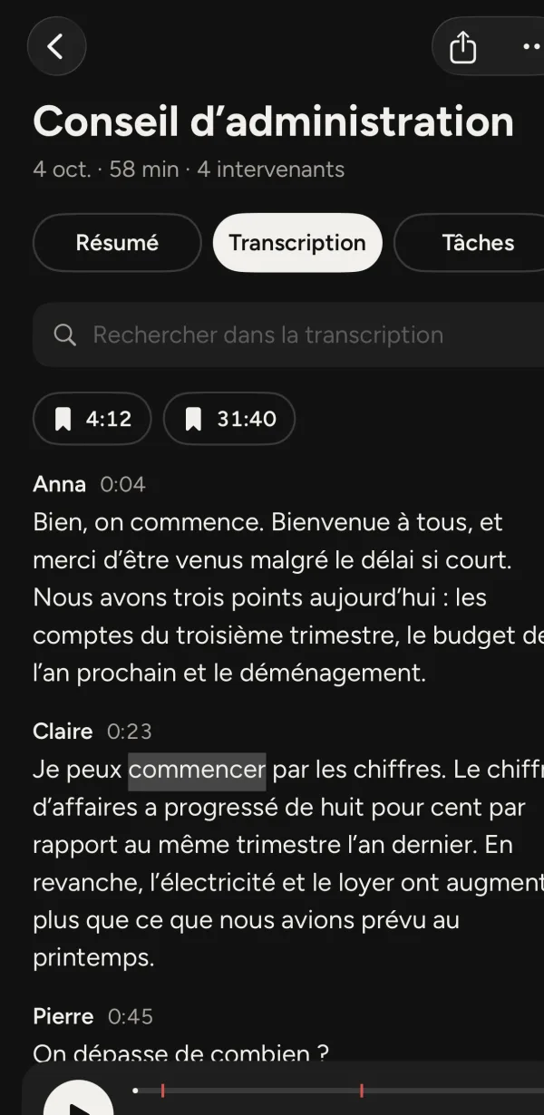 La transcription de la réunion avec le nom des intervenants